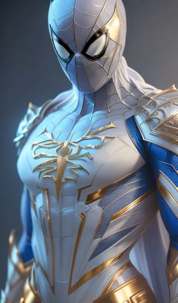 spiderman in white and gold armour style suit