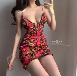 ABEBEY New V-neck Pleated Flower Slim Hip Strap Tank Mini Bodycon Dress Red Dresses Korean Women Hot Summer Tops JA79 Color-S