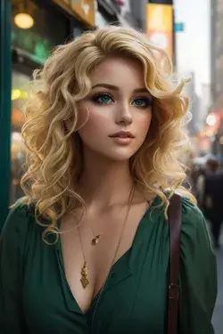 A blonde woman with eyes, a shade of deep green,  Her hair is styled in loose curls