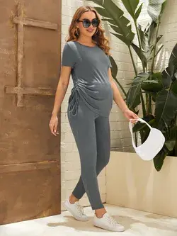 Maternity Drawstring Ruched Tee & Leggings Set