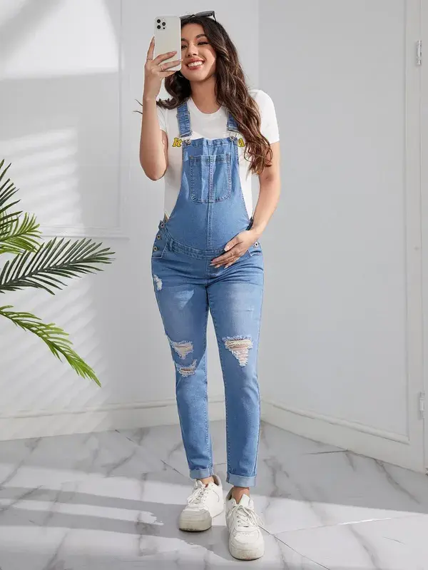 Maternity Patched Pocket Ripped Skinny Denim Dungaree