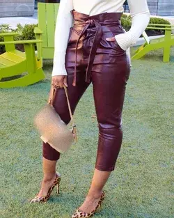 Jimena PU Leather Tied Detail Pocket Design Skinny Pants - 2XL / Wine Red