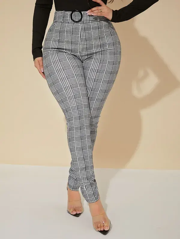 High Waist Glen Plaid Belted Pants