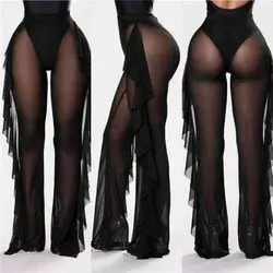 Hirigin Sexy Women See-through Pants Bikini Cover Up Mesh Ruffle Bottoms Plus Size Loose Long Trousers Beachwear Swimsuit - C / XL