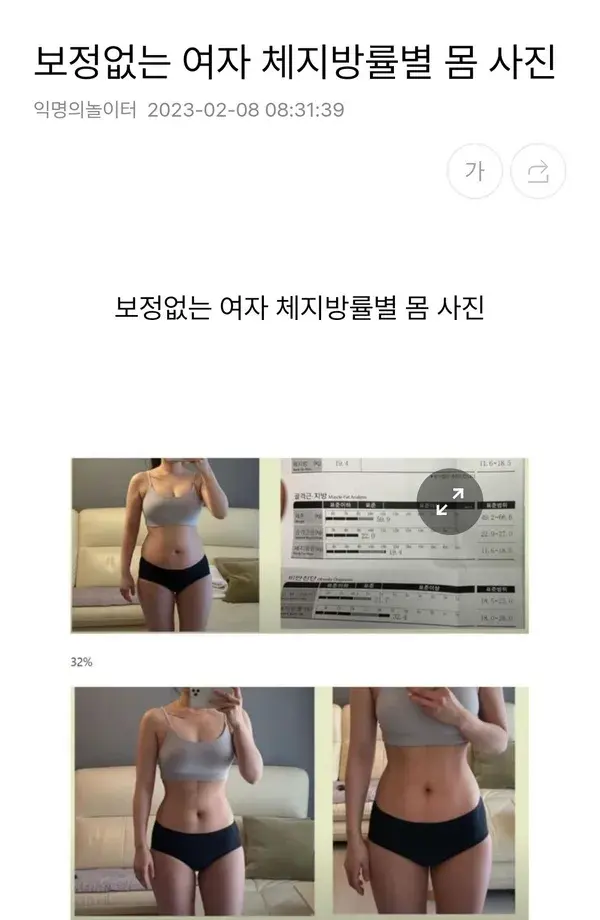 보정없는 여자 체지방률별 몸 사진