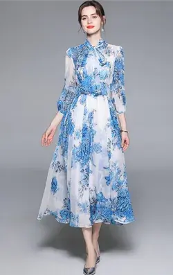 Fashion Runway Vacation Chiffon Dress Women Bow Collar Blue Floral Print Holiday Party Elegant Midi Dress
