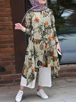 Women Cotton Floral Print Irregular Hem Retro Loose Dress Kaftan Tunic