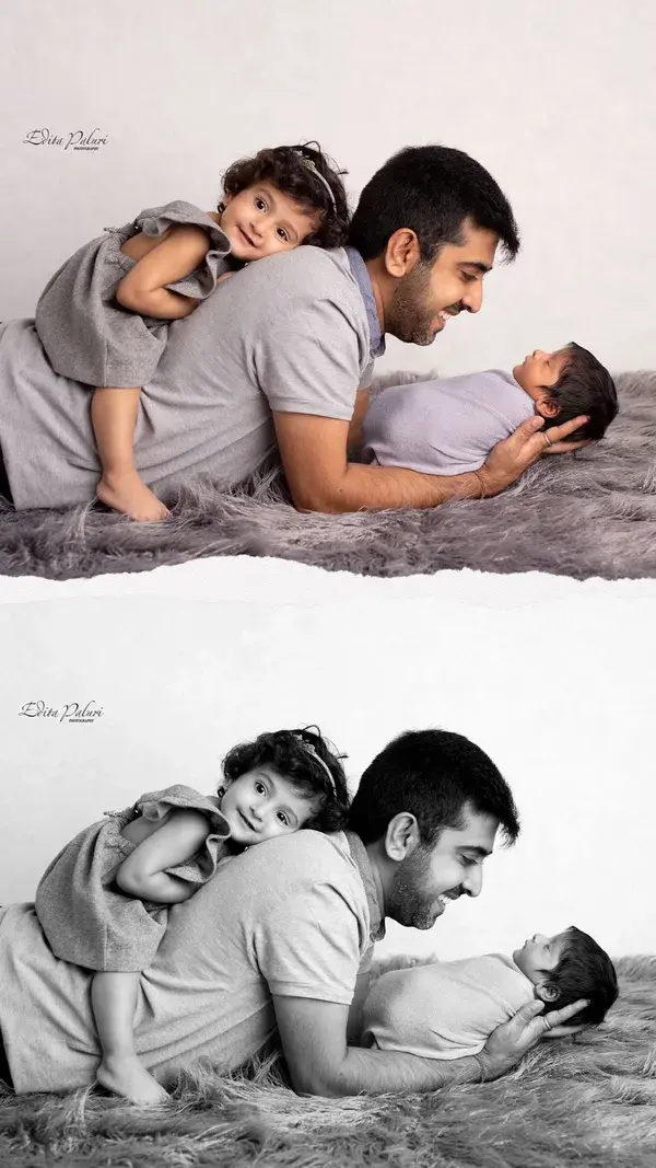 Father with newborn son and toddler Daughter