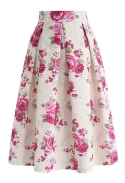 Floral Vintage Embossed Pleated Midi Skirt in Cream