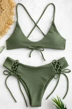 ZAFUL Lace-up Crisscross Ribbed Bikini Set