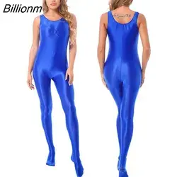 Billionm Womens Glossy Nightclub Outfit Sleeveless Full Body Bodysuit Jumpsuit Fitness Cheer Booty Workout Dance Wear Clubwear A-Blue-M