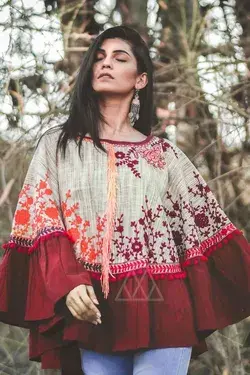 Khadi Cotton Embroidered Poncho in Cream and Maroon