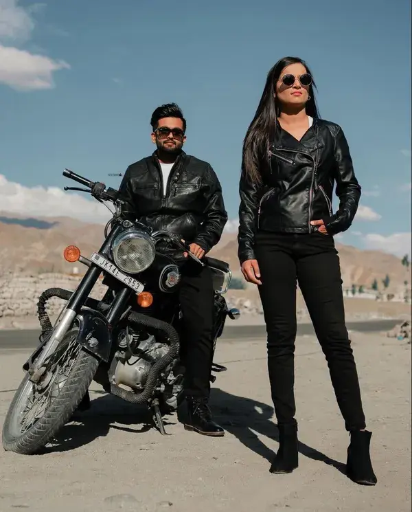 Offbeat Pre Wedding Shoot On A Bike With Matching Leather Jackets