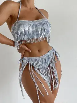 Sequined Tube Top Swimsuit Female Bikini - M