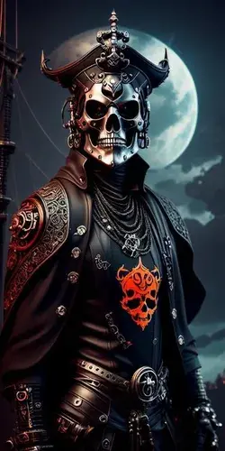 Film Noir style full body majestic ornate matte black cyberpunk cyborg skull Pirate king