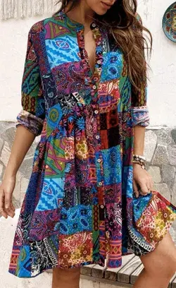 Ethnic Print Long Sleeve Vintage Stand Collar Dress For Women