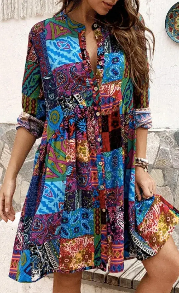 Ethnic Print Long Sleeve Vintage Stand Collar Dress For Women