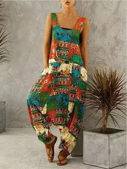 European and American Retro Print Loose Jumpsuits Baggy Strap Sexy African Print Women Fashion Club Party Clothing Green-XXL