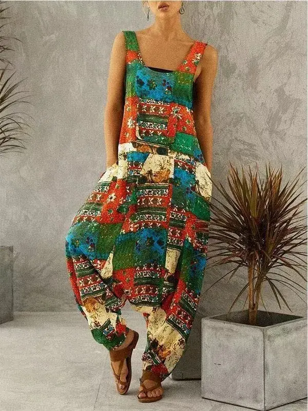 European and American Retro Print Loose Jumpsuits Baggy Strap Sexy African Print Women Fashion Club Party Clothing Green-XXL