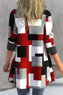 Patchwork Geometric Print Red Shirt Collar Coat