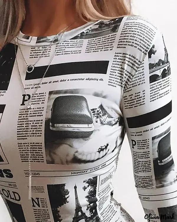 Olivia Mark - Newspaper Print Long Sleeve Bodysuit - white / L