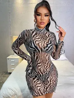Zebra Striped See Through Split Hem Mesh Bodycon Dress Without Lingerie
