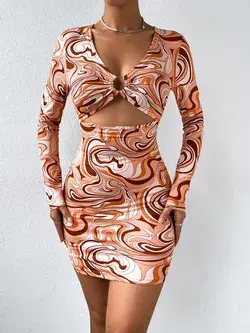 Marble Print Ring Linked Peekaboo Front Bodycon Dress