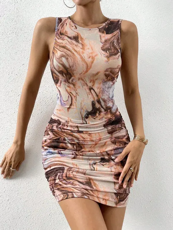 Marble Print Ruched Side Bodycon Dress