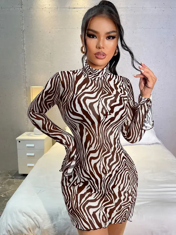 Zebra Striped See Through Split Hem Mesh Bodycon Dress Without Lingerie