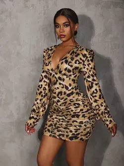 Leopard Plunge Neck Ruched Bodycon Dress