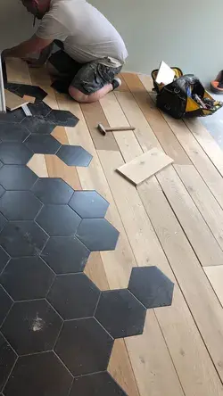 Hexagon tiles with wood flooring