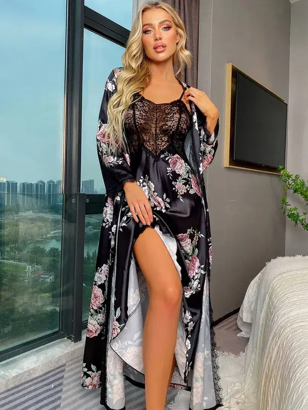 Floral Print Contrast Lace Satin Robe With Belt