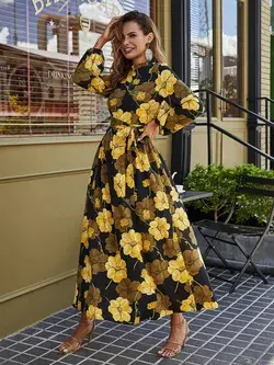 Floral Print Belted Maxi Dress