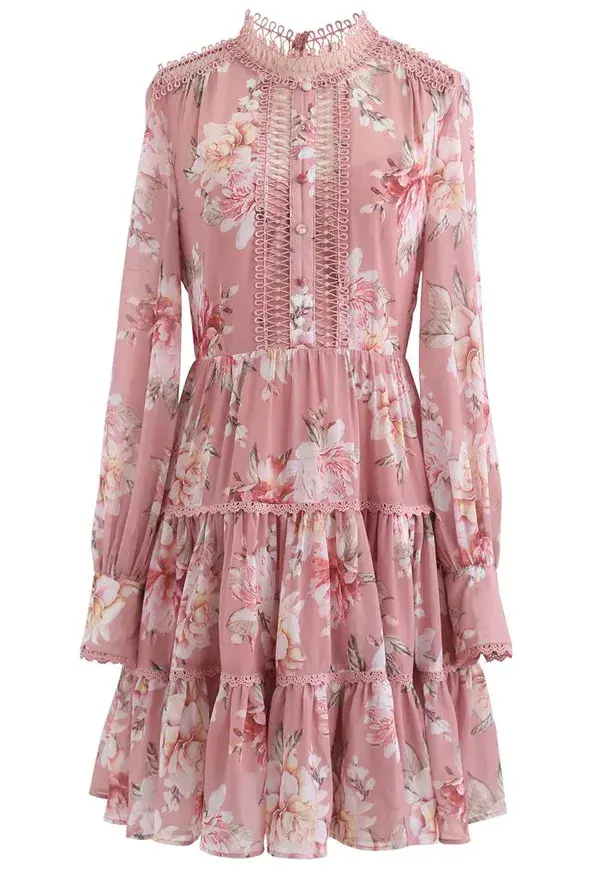 Floral Print Crochet Trim Frilling Chiffon Dress in Pink