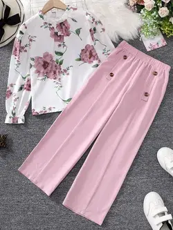 Girls Floral Print Blouse & Trousers Set