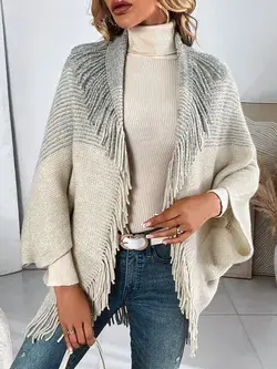 Fringe Trim Open Front Poncho Cardigan