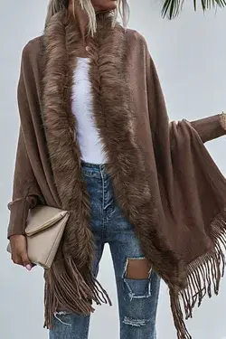 Winter outfits - Solid Fringe Hem Dolman Sleeve Open Front Cape Cardigan