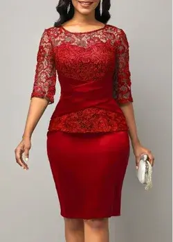 ROTITA Red Lace Stitching 3/4 Sleeve Dress