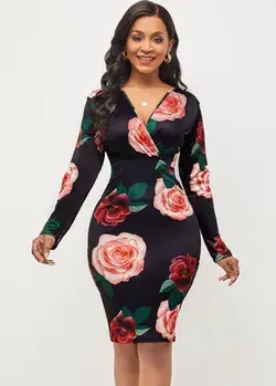 Floral Print Black Long Sleeve V Neck Dress