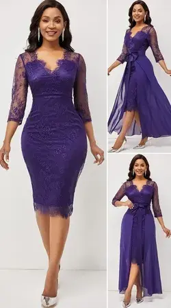 3/4 Sleeve Purple Multiway Lace Patchwork Dress