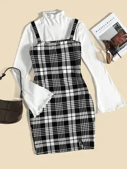 Plus Flounce Sleeve Lettuce Trim Top & Plaid Print Cami Dress