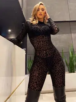 Znbbw Instinct Mesh Bodystocking Leopard See Through Velour Long Sleeve Rompers Womens Jumpsuit Sexy Midnight Clubwear - Black / L