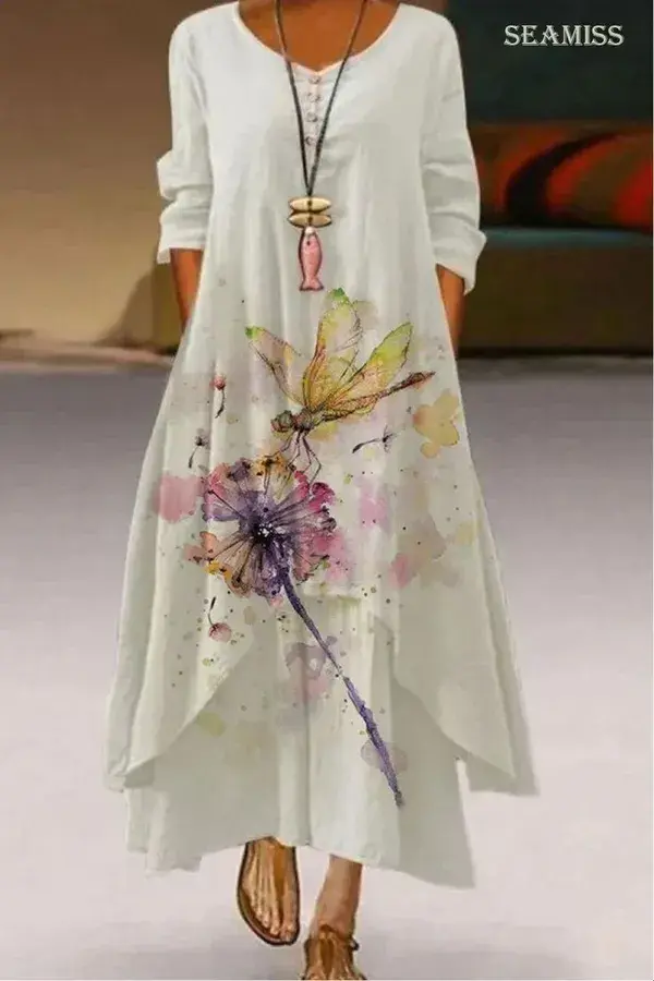 Round Neck Dandelion Print Loose Long Sleeve Maxi Dress