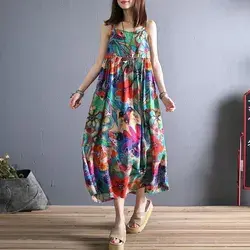 DIY floral cotton clothes Women sleeveless wrinkled long summer Dress