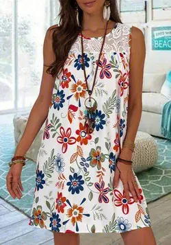 Women's Sleeveless Pullover Lace Print Swing Tank Top Dress Homewear