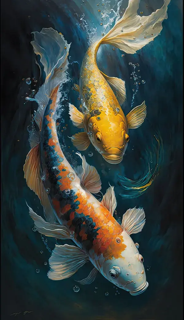 Fantasy Oil Painting of Two Fish Swimming in Water - Detailed Ukiyo-e Art on Canvas