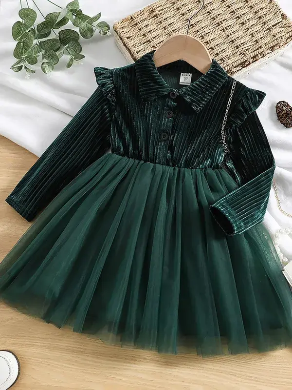 Toddler Girls Ruffle Trim Contrast Mesh Velvet Dress