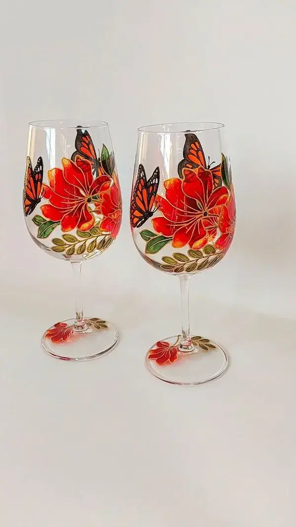 Wine glasses personalized with monarch butterfly hand painted 40th birthday gift