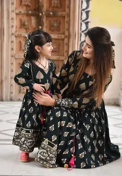 Beautiful Mother Daughter Combo Gown, Gold print full Sleeve Gown  Indian Ethnic Long Kurti Mother Daughter Dresses Readymade