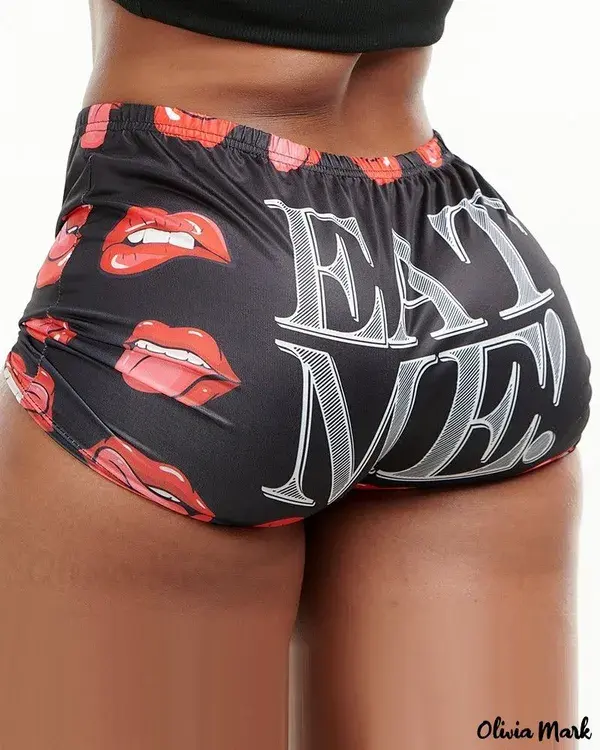 Olivia Mark - High-Waisted Lip Print Boyshort Panty - black / M(8)